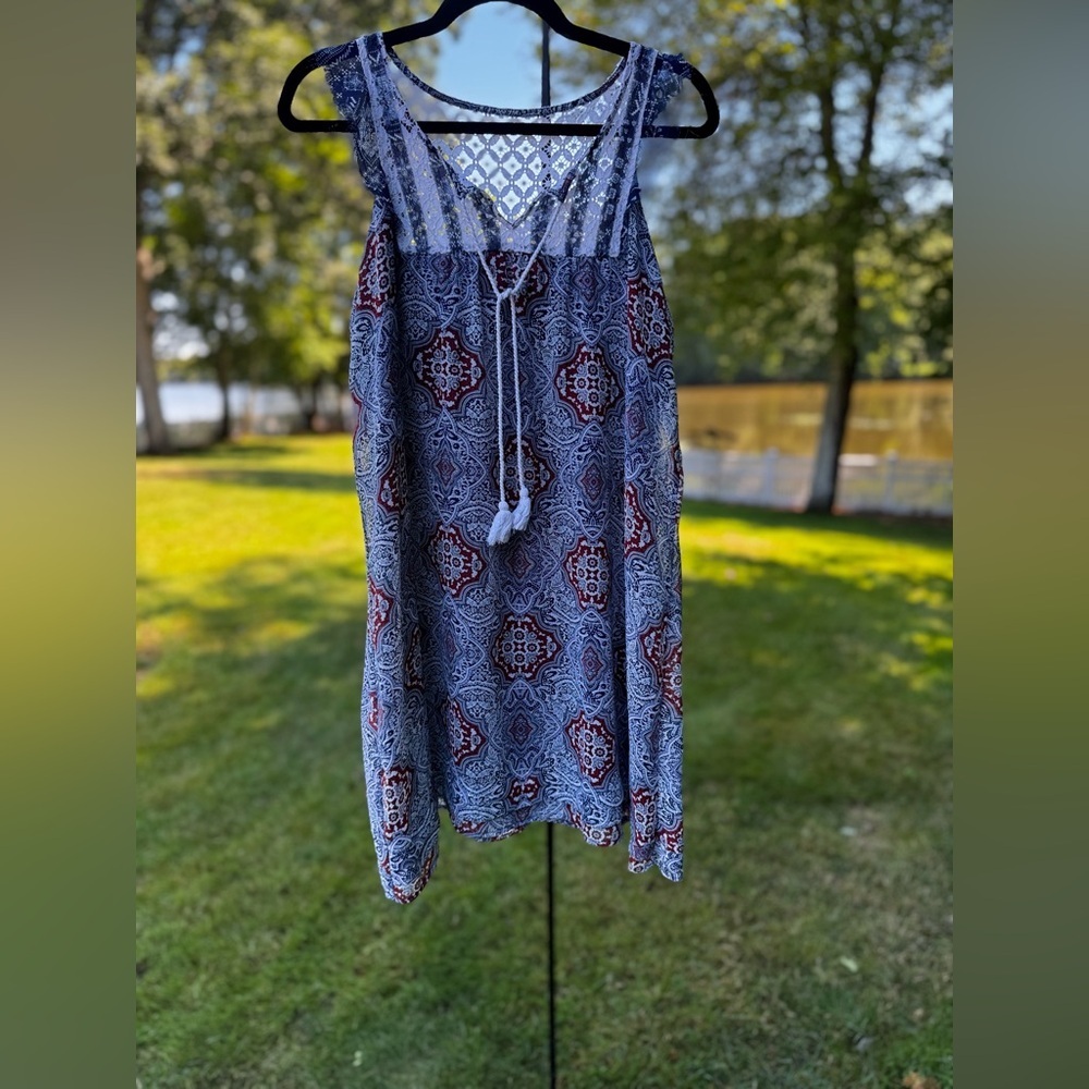 Xhilaration Boho Medallion Print Sleeveless Dress Crochet Tassel Tie Flowy Mini